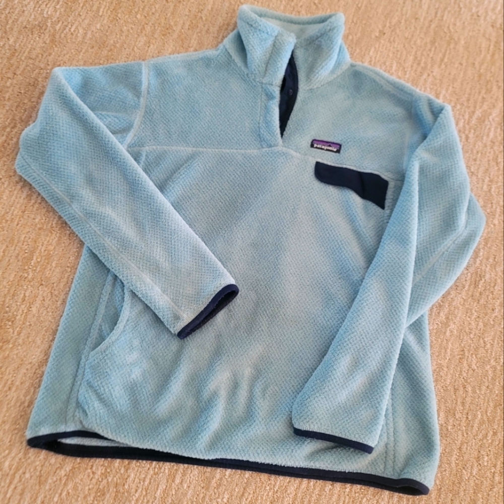 Patagonia Light Blue Fleece Pullover with Navy Trim